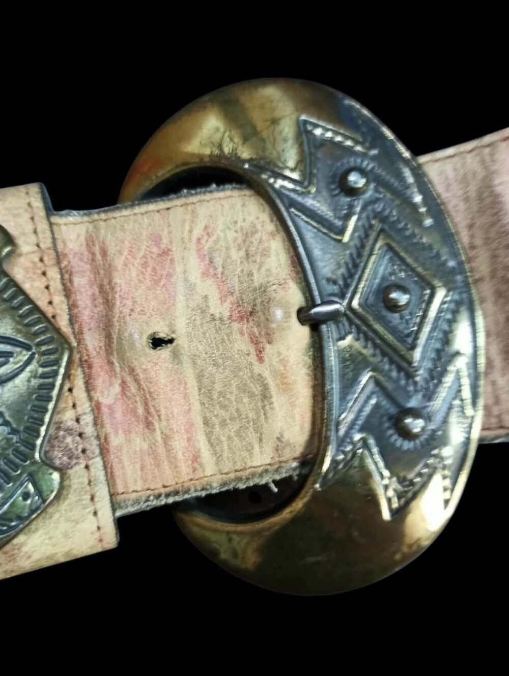 Vintage 90s Genuine Leather Southwestern Wide Statement Belt Brass Buckle Medium